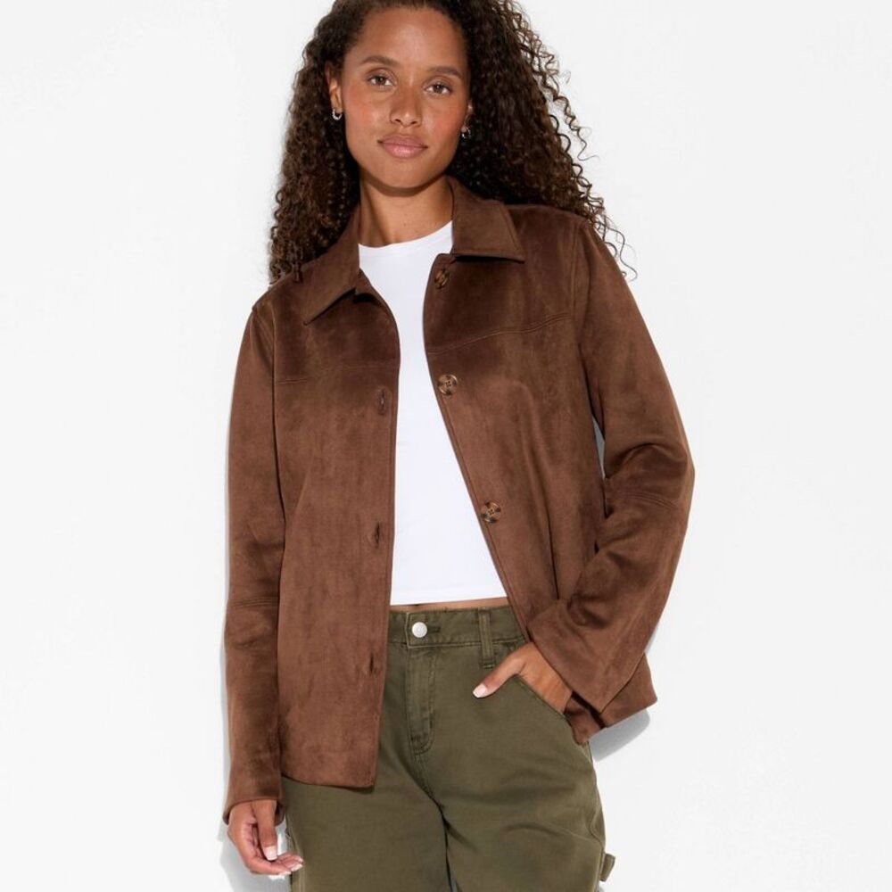 Women's Pointed Collar Faux Suede Chore Coat - Wild Fable Brown XS